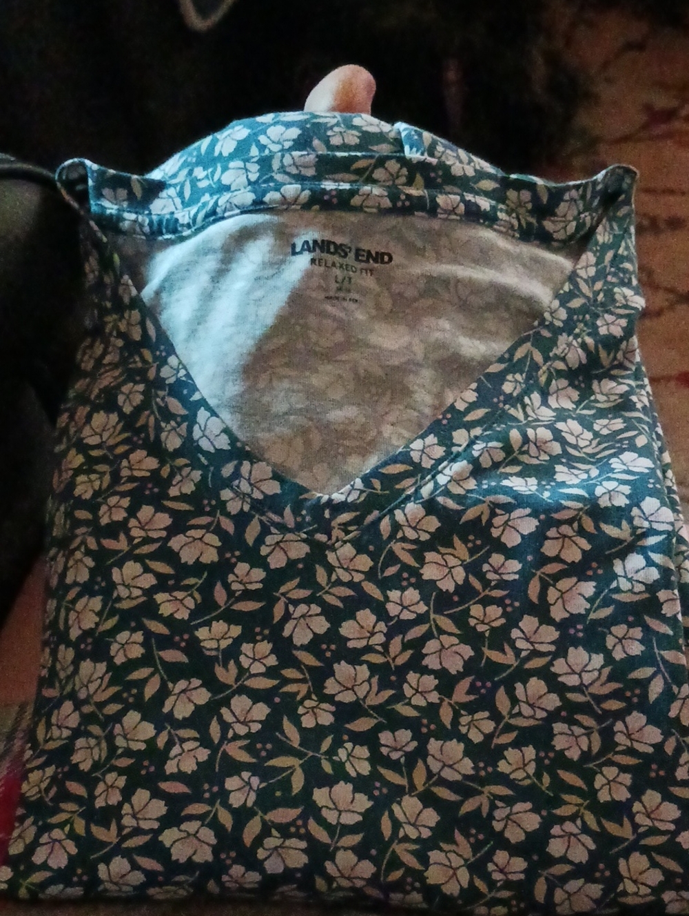 Lands' End Teal Floral V-Neck Top with White Blossoms